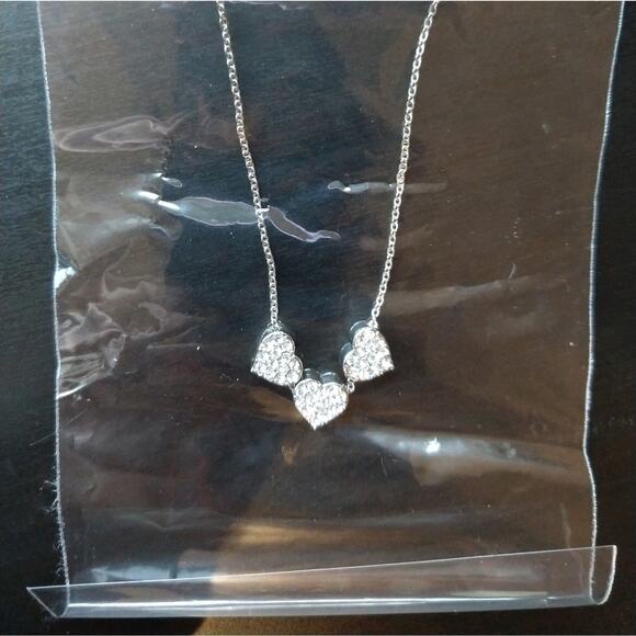 Crystal Silver Hearts Necklace 18k white gold plated pave glass gems matinee - Picture 3 of 6
